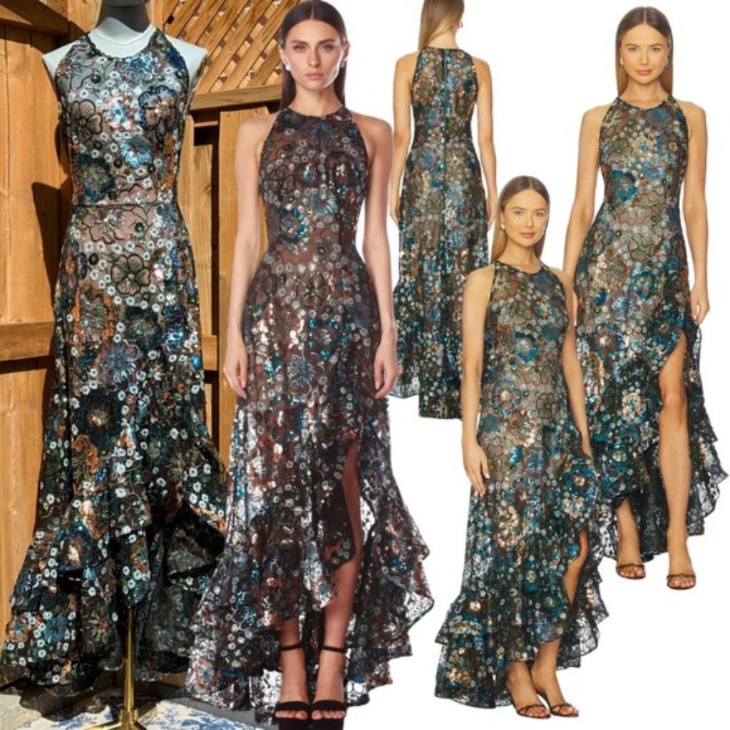 Bronx & Banco Nwot Sicilia Blue Sequin Fluted Hem Maxi Dress Sz Xs Us 2